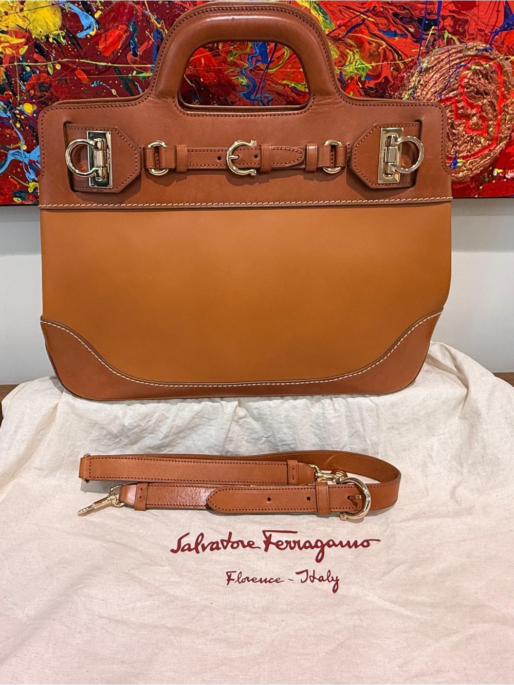 Salvatore Ferragamo Wanda Caramelo Leather Belt-Detail Tote With Gold Hardware